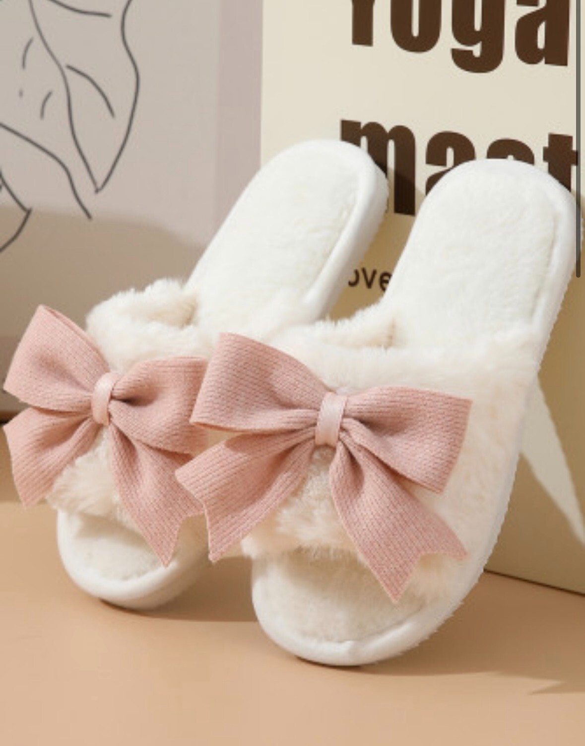 NEW White Bow Knot Decor Open Toe Plush Slippers pick 6 7 8 9 10 11 12 Stocking