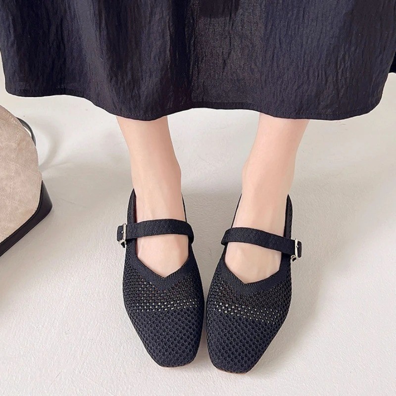 Women Breathable Mesh Flats Square Toe Casual Walking Shoes Spring Summer Shoes
