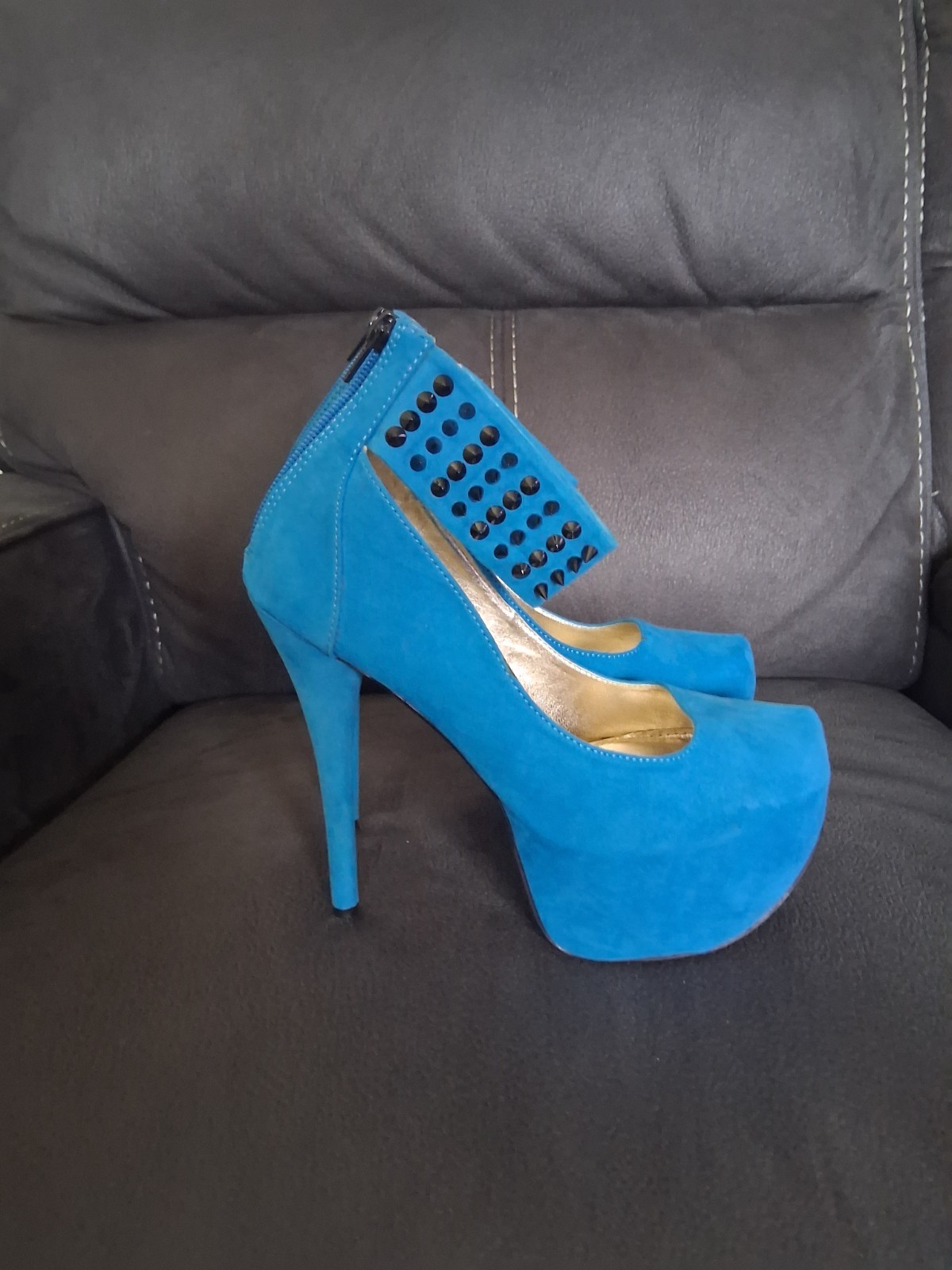 Baker’s Blue Suede Studded Zipper Platform Stiletto Round Toe Heels Women