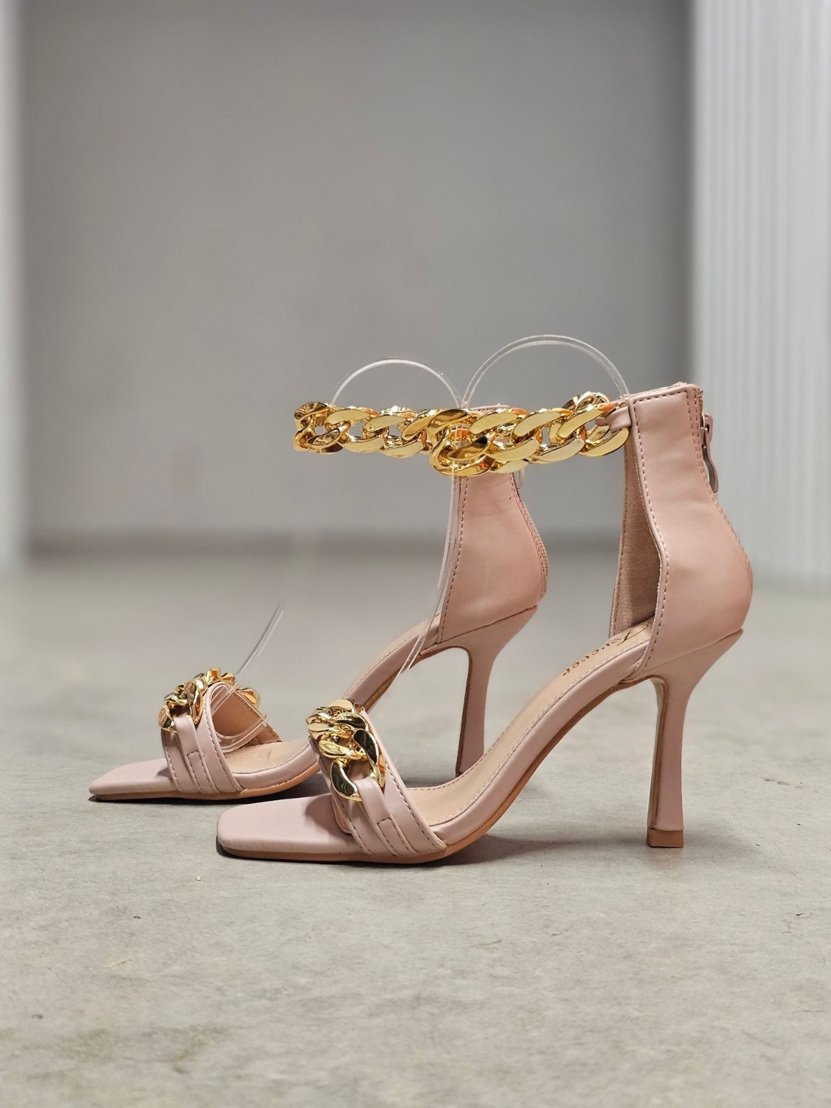 Blush Pink High Heel Sandals With Gold Chain Ankle Strap Square Toe Back Zipper