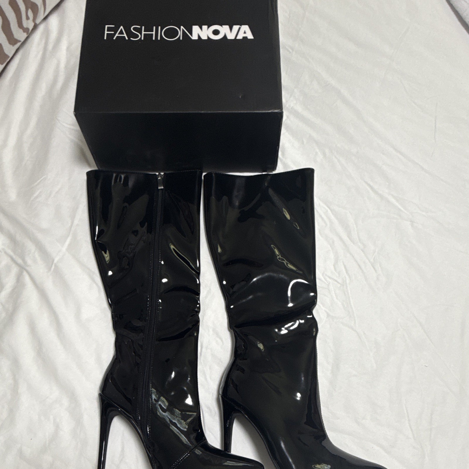 Fashion Nova Women’s Black Patent Leather Pointed Toe Zip Mid-Calf Bootie 7