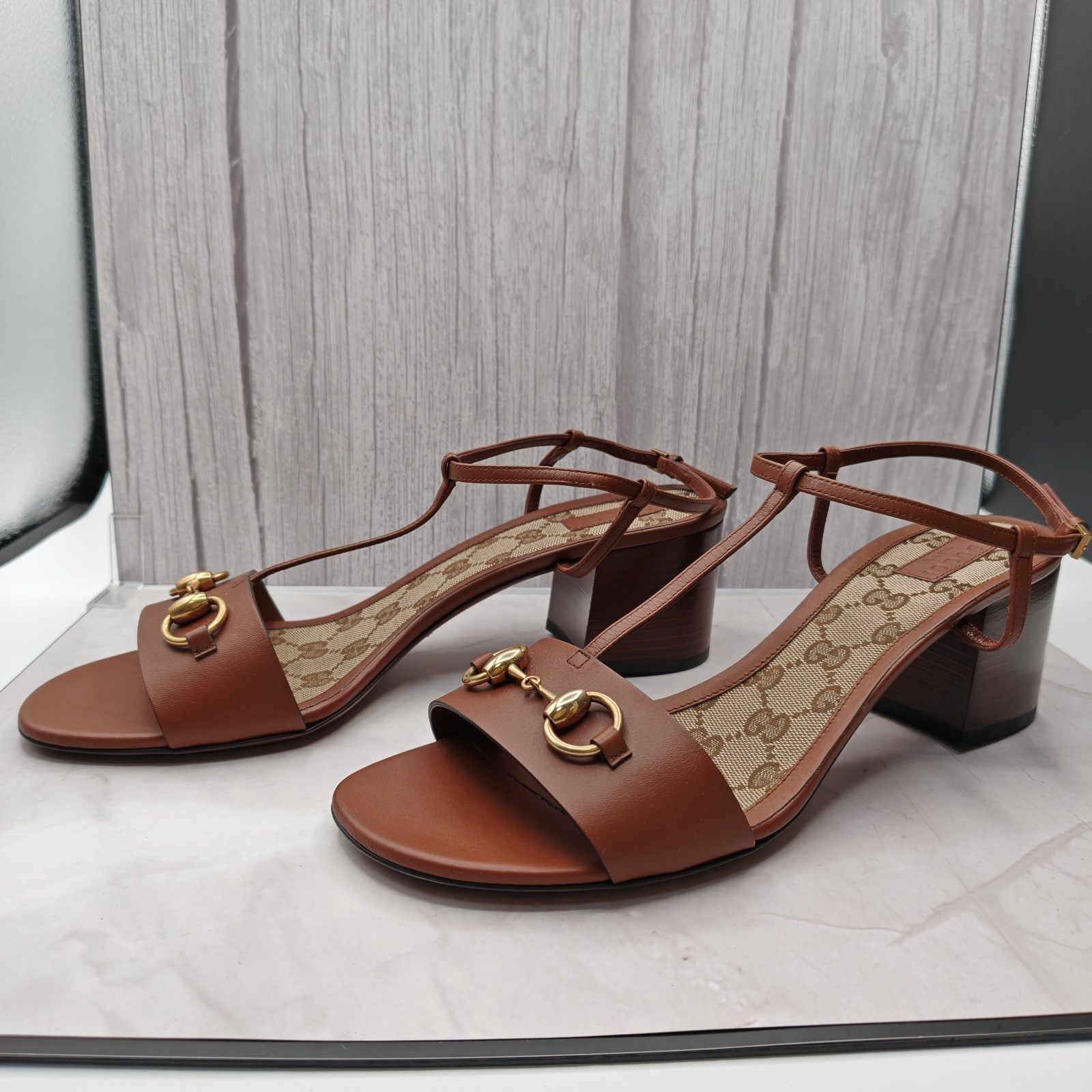 GUCCI Lady Horsebit Leather Block Heel Sandals Brown GG Canvas Ankle Strap…