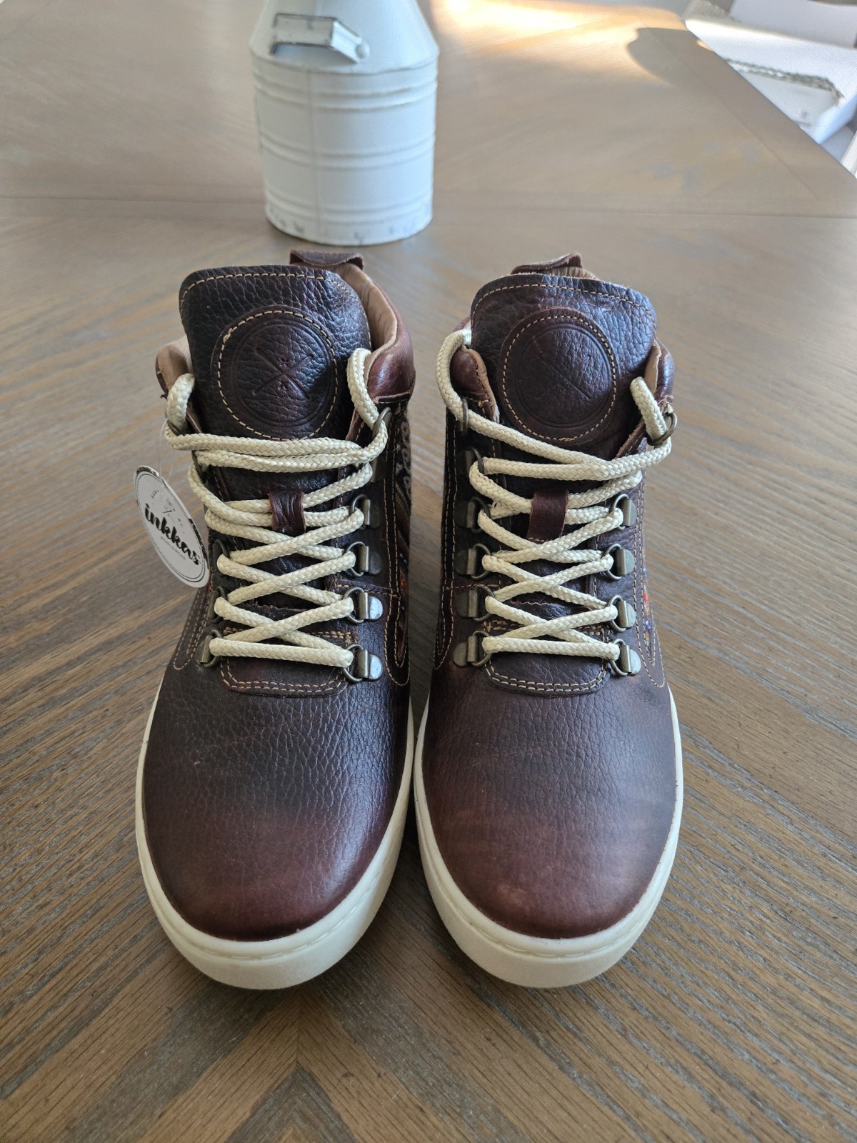 NEW $150 Inkkas Brown Leather Mid Top Geometric Lace Up Sneakers Bohemian Sz9