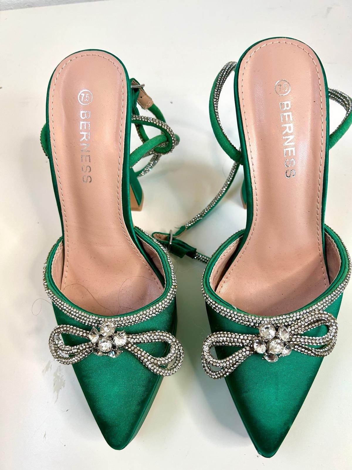 BERNESS Green Satin Pumps with Rhinestone Bow and Ankle Strap
