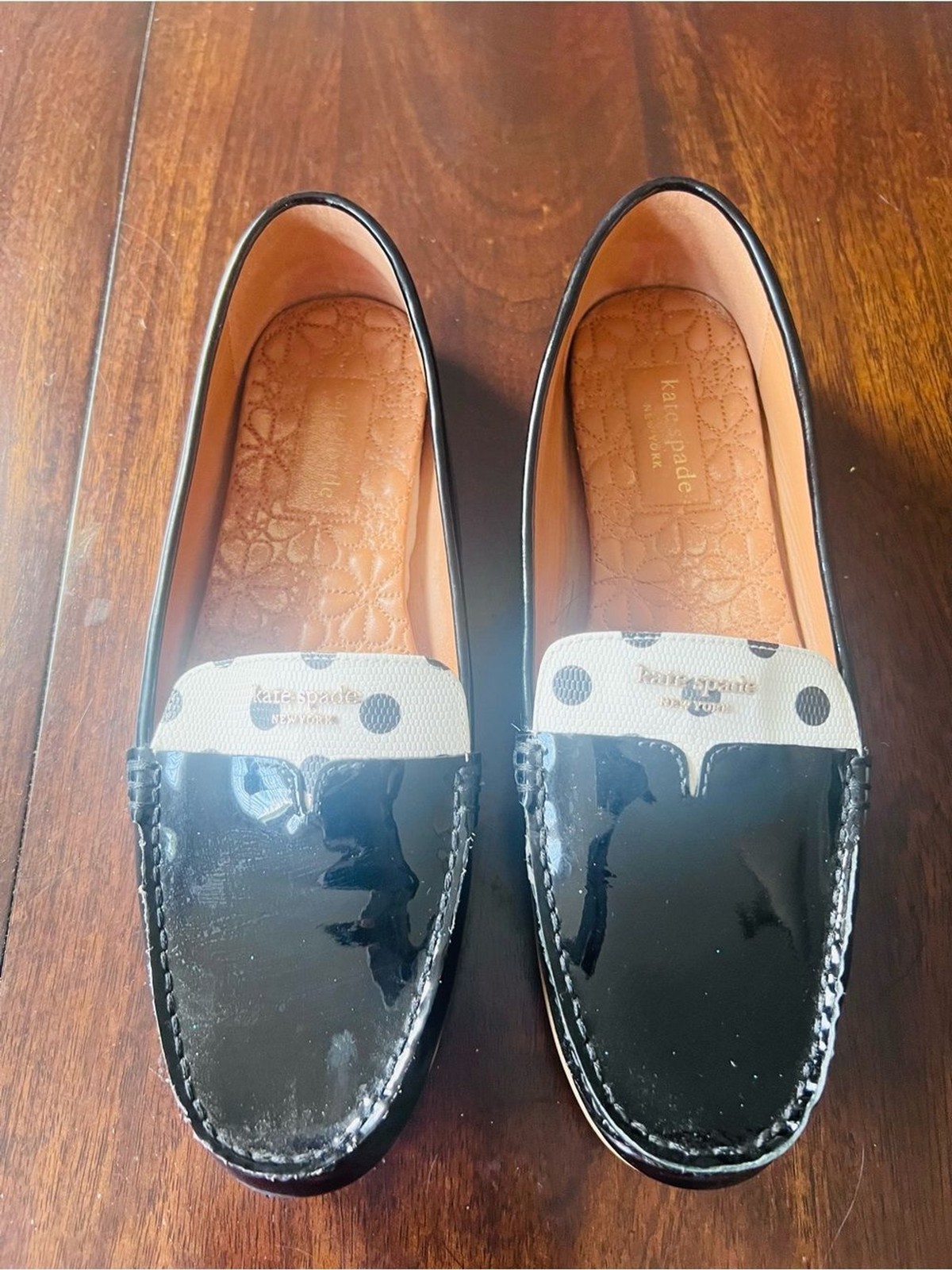 kate spade tan quilted insole ballet flats with black trim