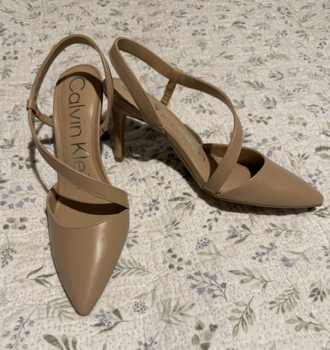 Calvin Klein Women’s Beige Faux Leather Strappy Pointed Toe Slingback Pumps