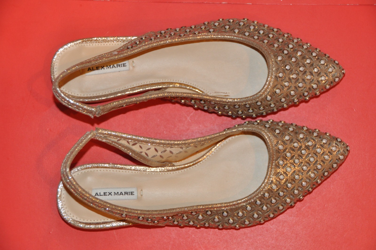 NWOT Alex Marie Labella Sling Back Flats Gold Metallic Pearl Studded size:6.5