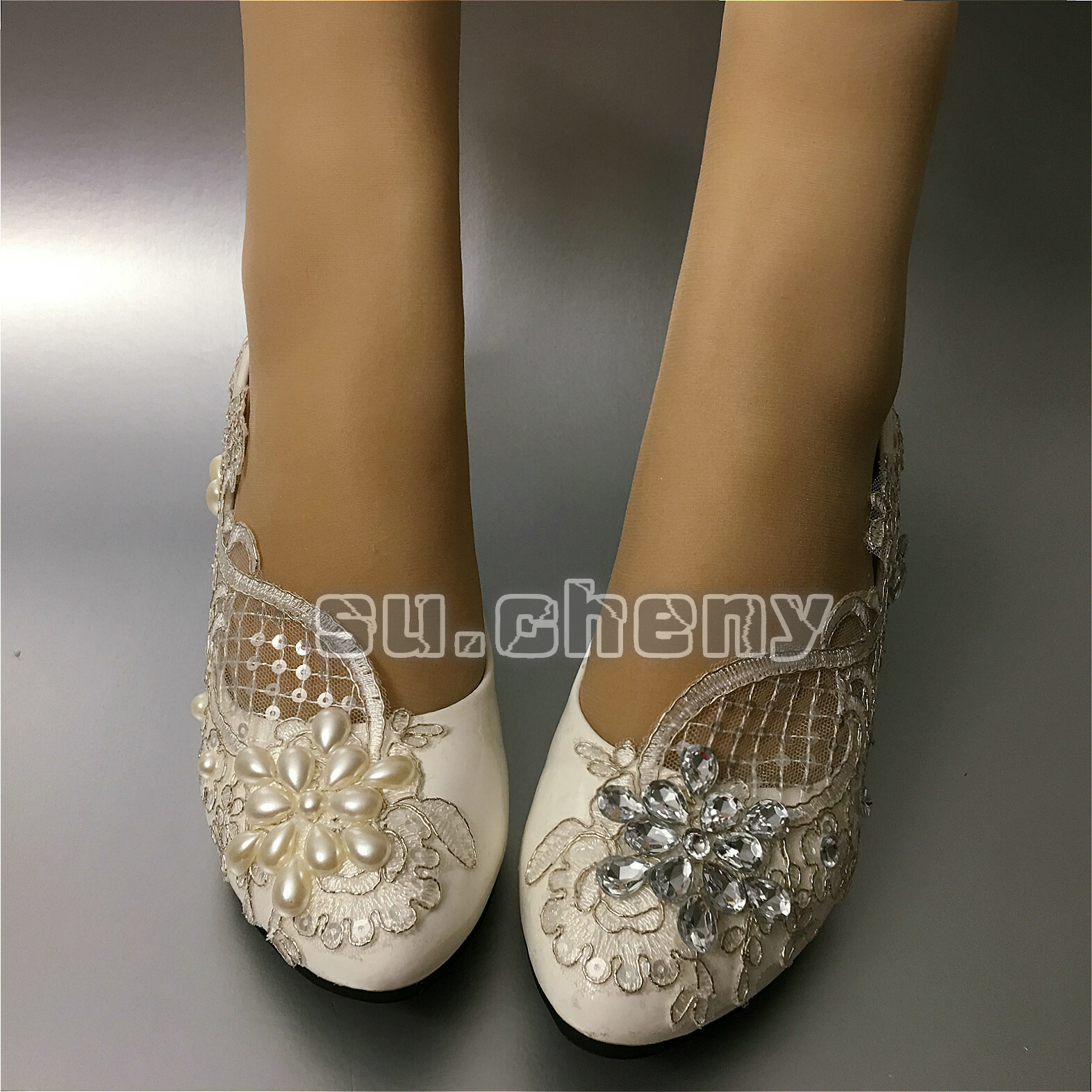 su.cheny- Lace white ivory crystal flats low high heel pump Wedding Bridal shoes