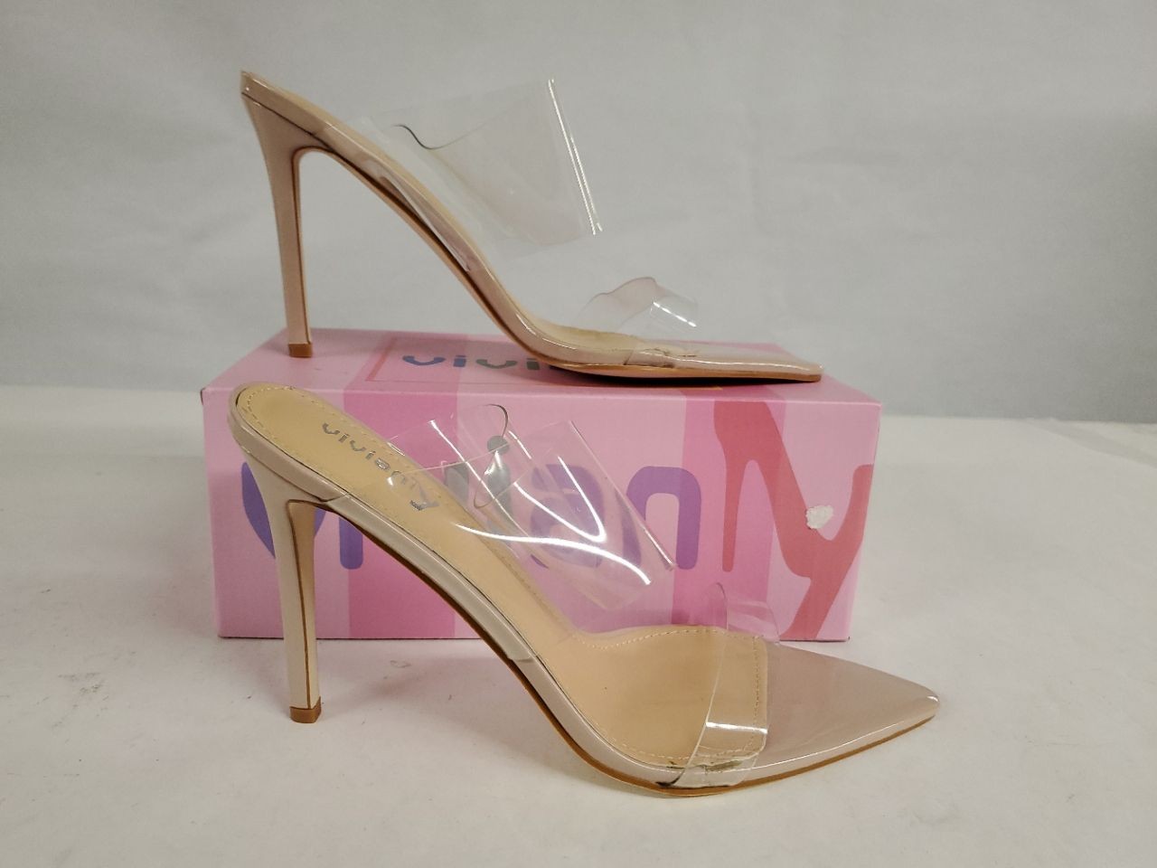 Vivianly Women’s Nude & Clear Pointed Toe Stiletto Heels Size 11