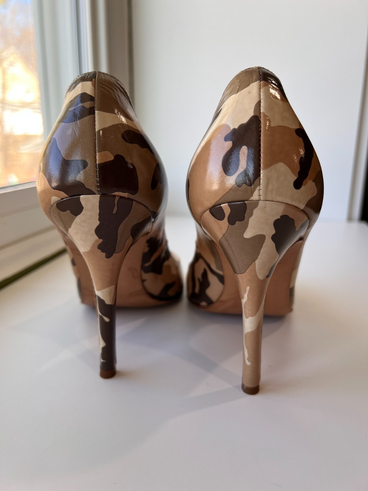 Luciano Padovan Beige, Brown, Cream Camouflage Leather Peep Toe Italian Heels 37