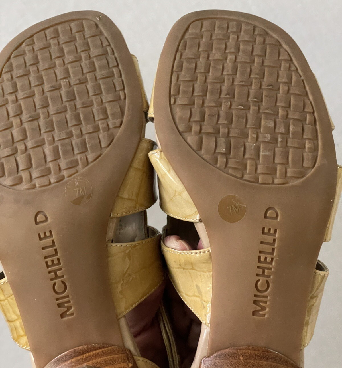 Michelle D Gold / Tan Sandals Strappy High Heels Open Toe Buckle Womens Size 7M