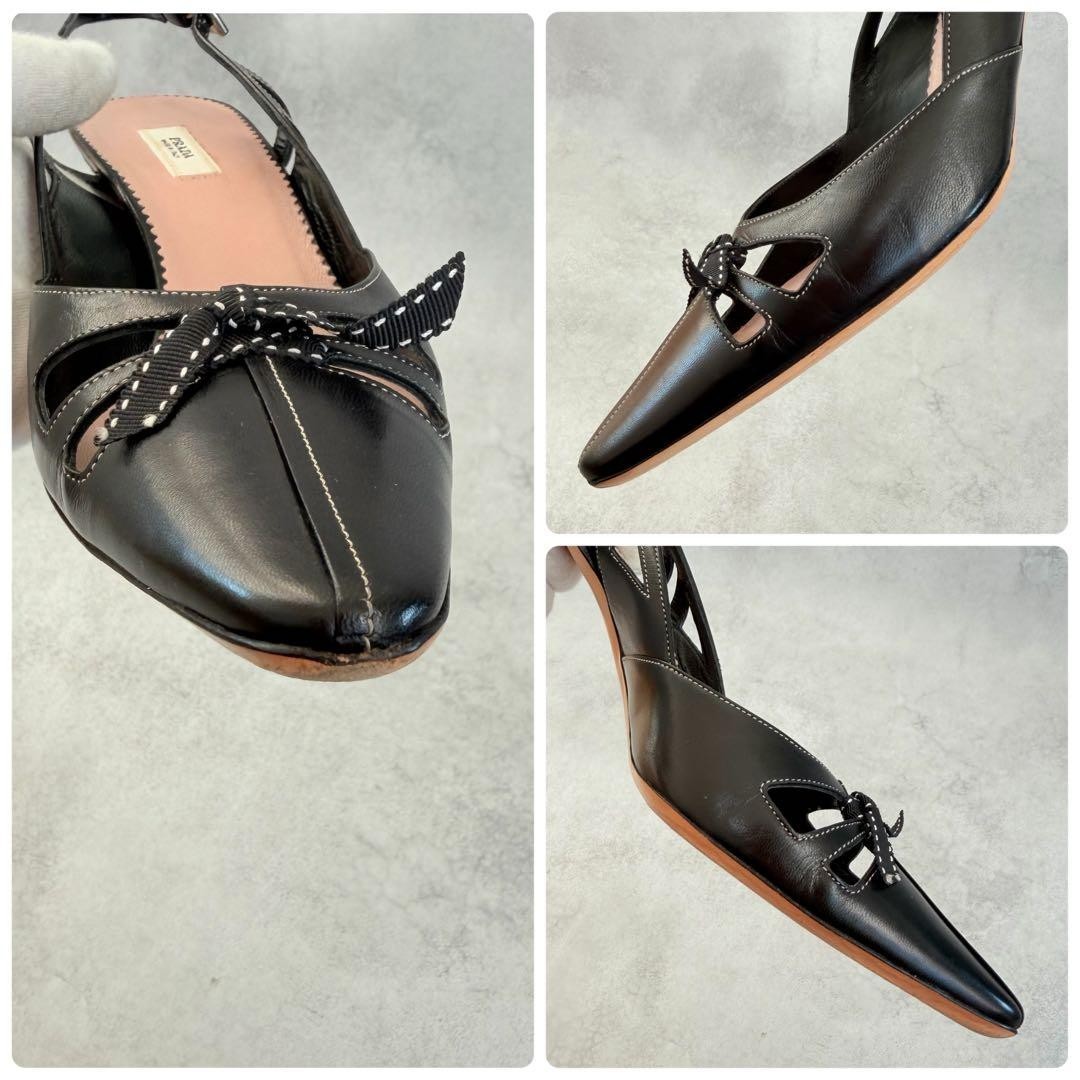 Prada Stitched Bow Slingback Heels Black Leather Women’s US 6 UK 3.5 EU 36 Pumps