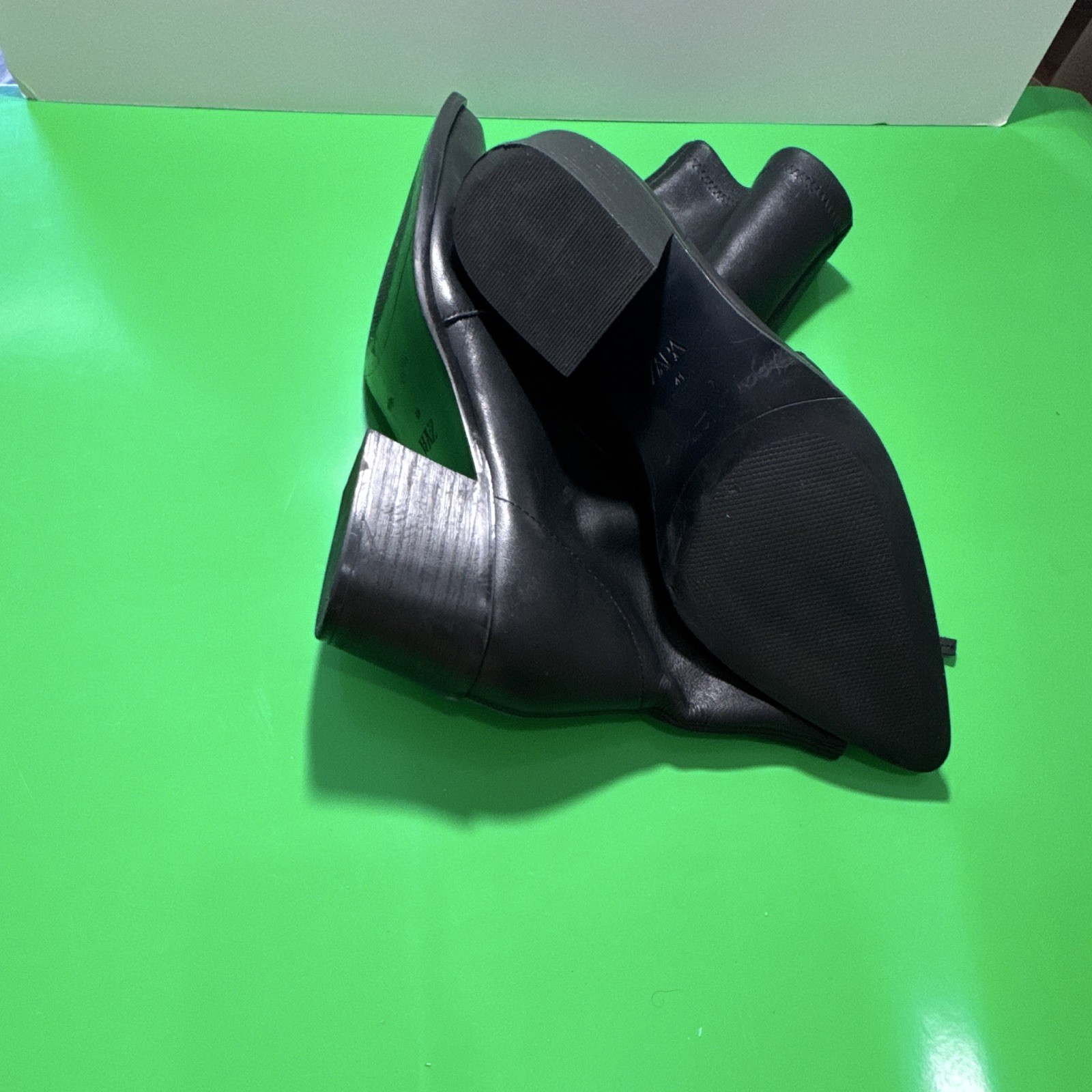 Zara Women’s Black Leather Pointed Toe Ankle Boots Zip Block Heel US 10