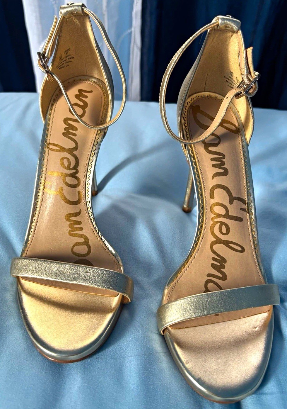 Sam Edelman Ariella Gold Leather Open Toe Stiletto Ankle Strap Heels US 7