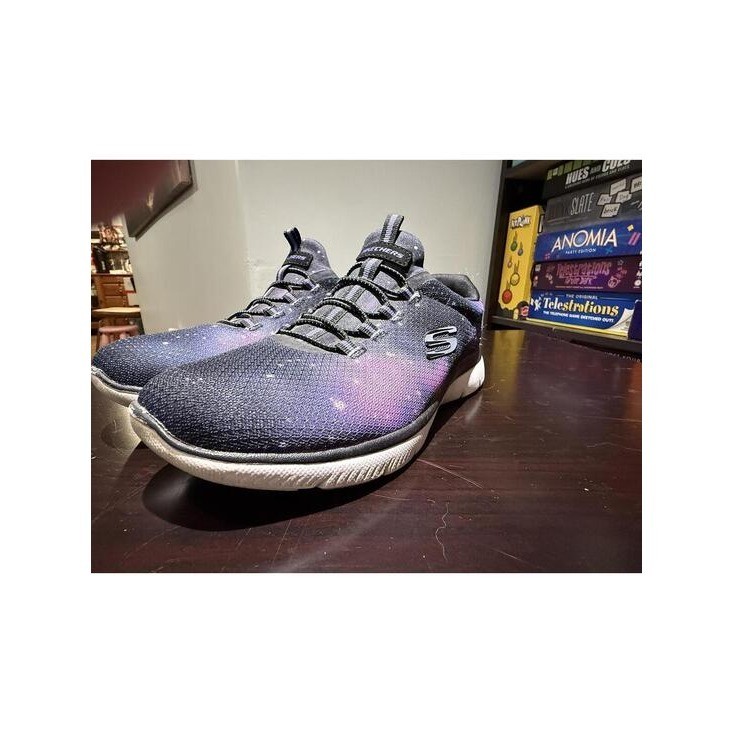 Skechers Women’s 7.5 Galaxy Print Memory Foam Slip On Walking Shoes Black