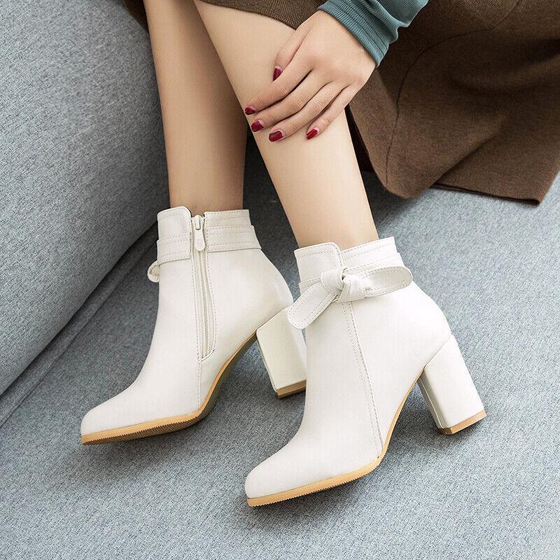 Womens Sweet Bowknot Round Toe Mid Block Heel Ankle Boots Mary Jane Roman Shoe