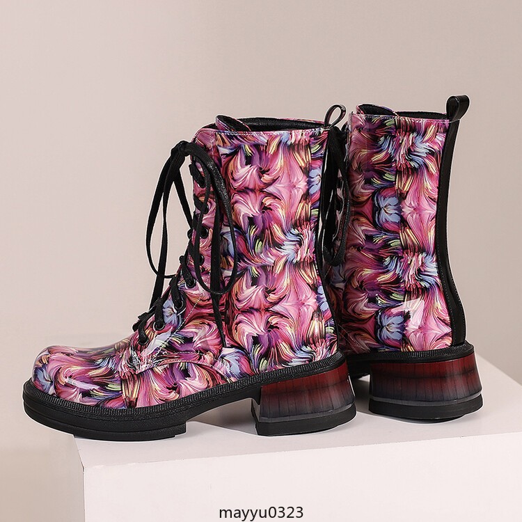Women’s Mid Cuban Heel Ankle Boots Knight Printed Casual Lace Up Winter Shoes