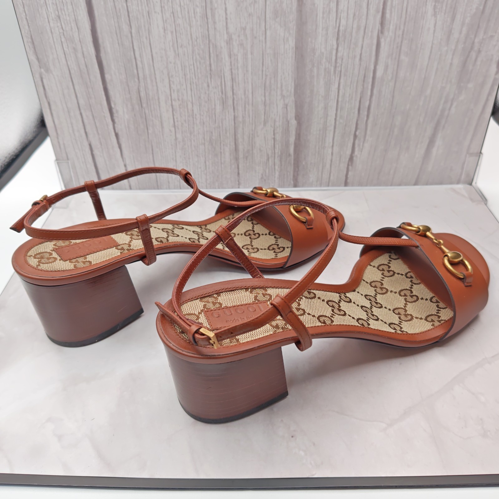 GUCCI Lady Horsebit Leather Block Heel Sandals Brown GG Canvas Ankle Strap…