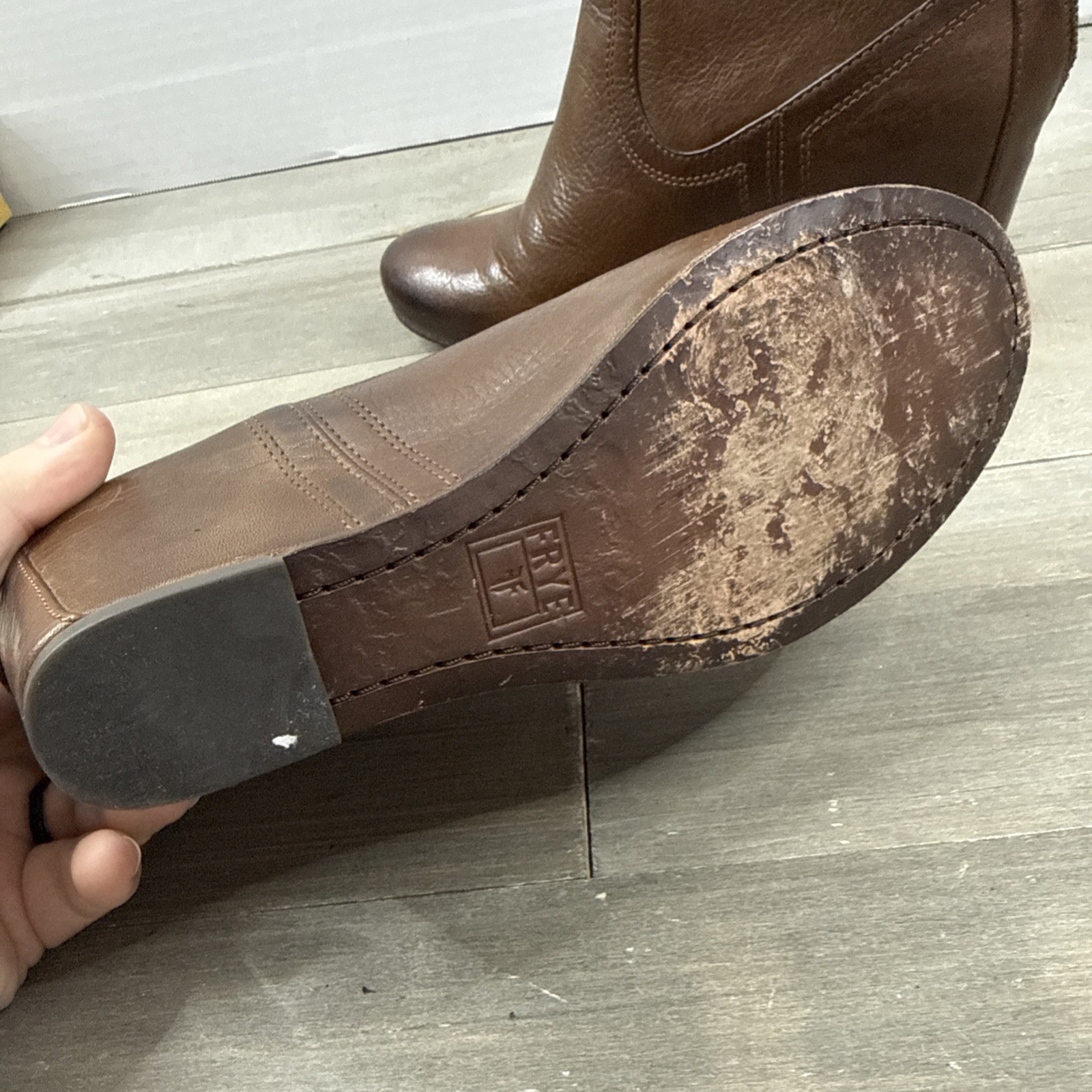 Frye Carson Covered Wedge Ankle Bootie Boots Zip Cognac Brown Leather 8.5 M