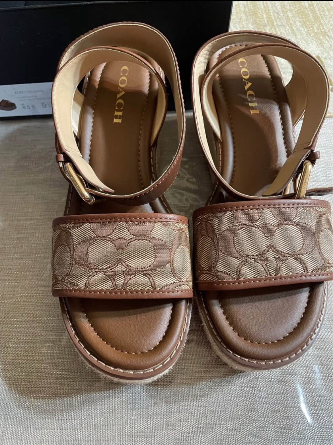 Coach Brown/Beige Logo Leather Wedge Sandals Ankle Strap Buckle Women 8.5