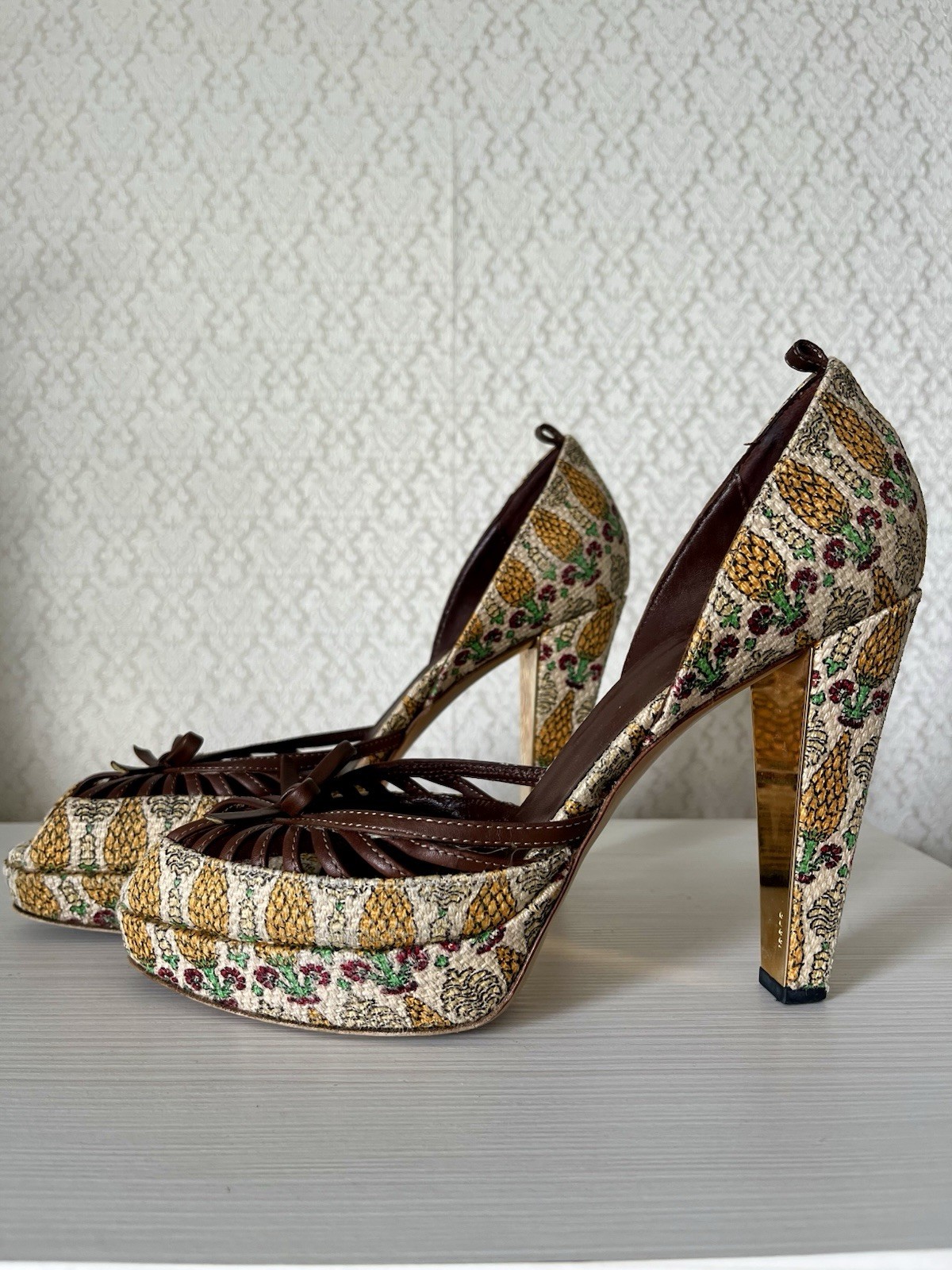 Gucci Pineapple Print tapestry shoes sandals platform heels