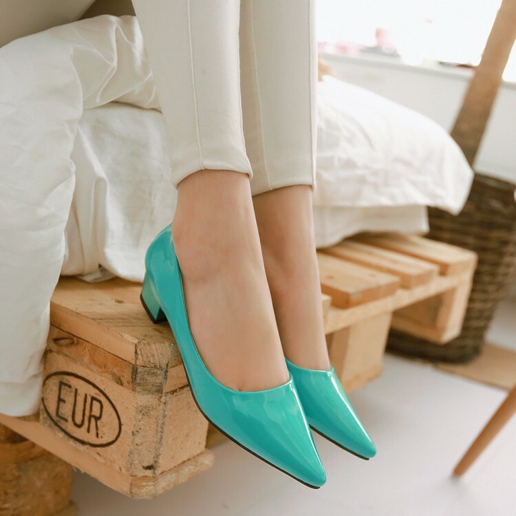 Pointy Toe Patent leather Shoes Womens Trendy Block Pumps Mid Heels Plus Size