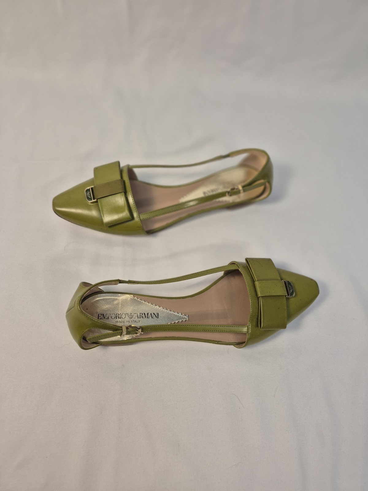 Emporio Armani Green Leather Pointed Toe Slingback Flats Bow Made In Italy Sz38
