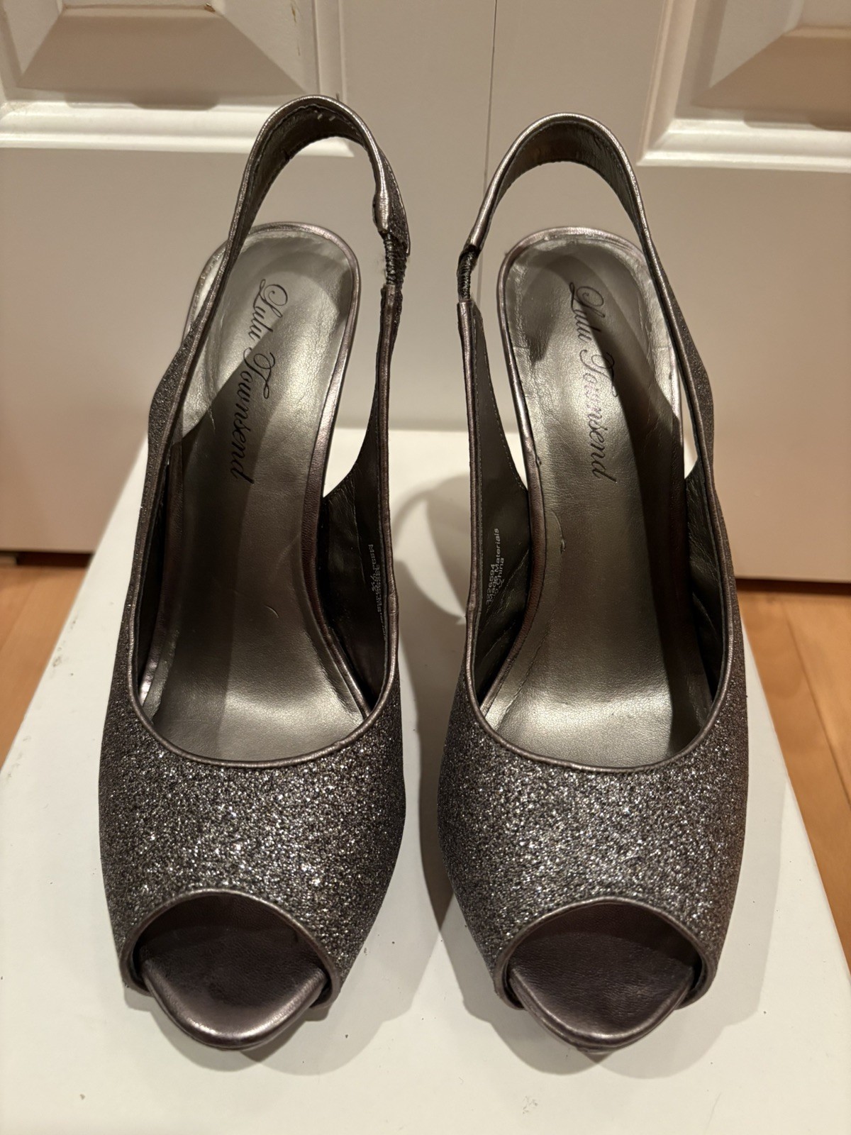 Lulu Townsend Dark Silver/Pewter Glitter Open Toe Slingback Heels Size 7.5 Shoes