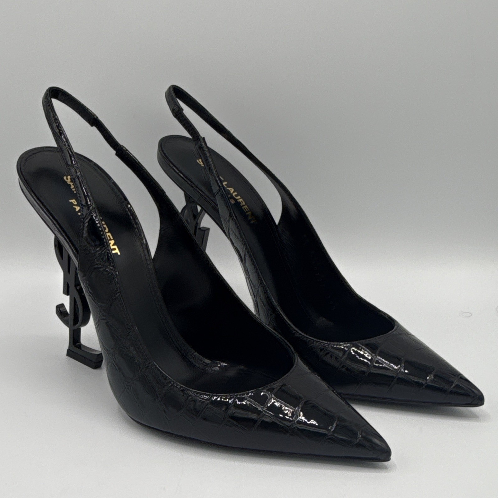 Saint Laurent Black Croc Embossed Leather Slingback Pointed Toe Heels – EU 39.5