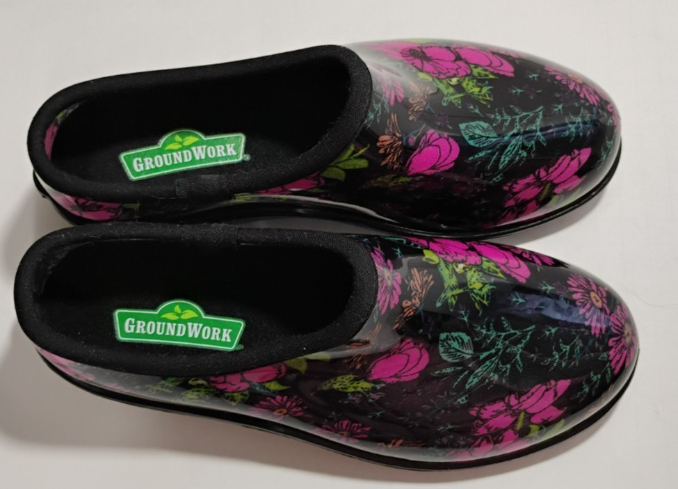 Ground Work Womens Garden Clogs Black Floral Waterproof Shoes Size 9 LKNEW