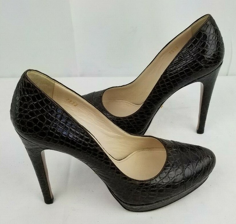 Prada Brown Textured Leather Platform Semi Pointed Toe Slim Heel Pumps size 37.5