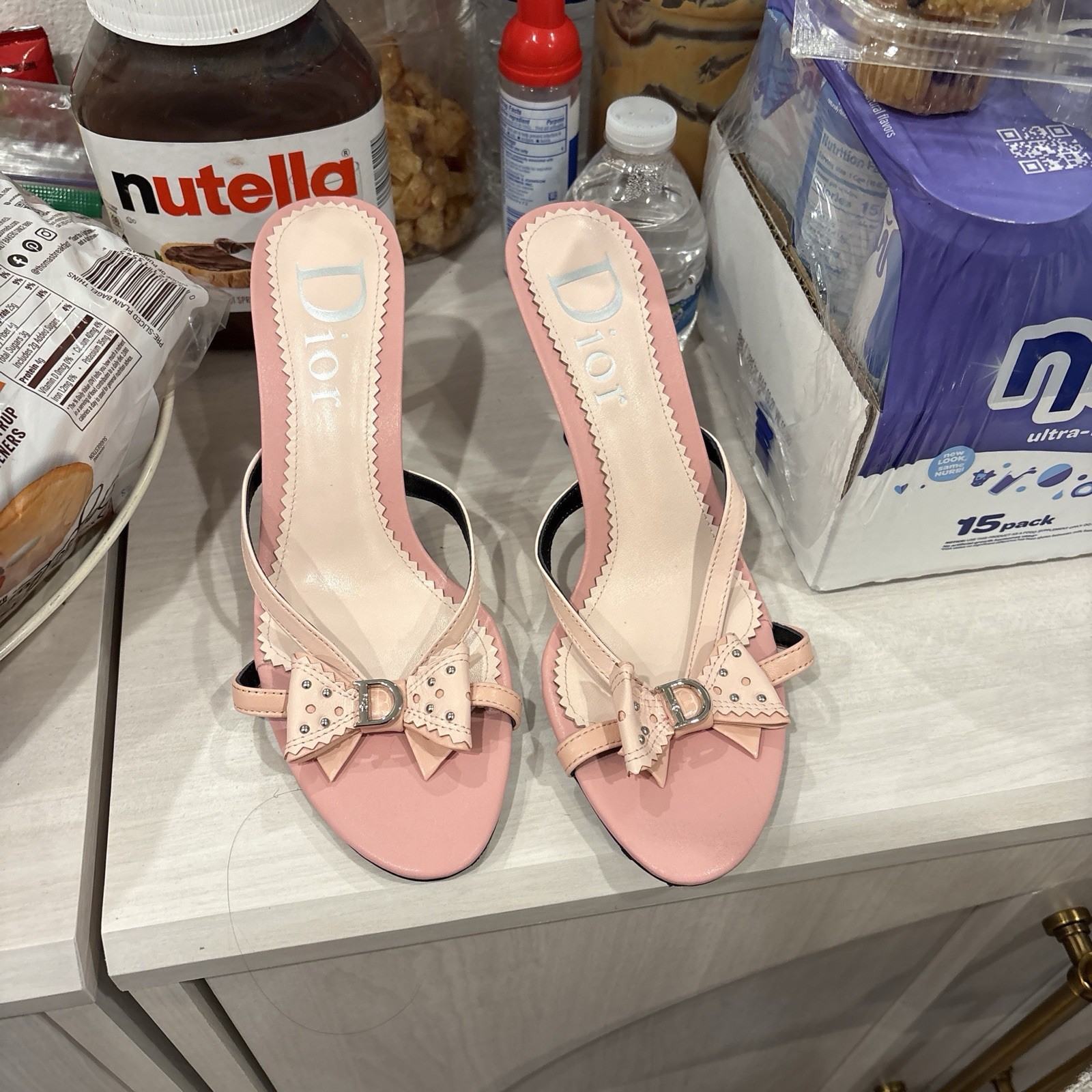 Dior Pink kitten Bow Logo Accent Open Toe Mule Stiletto Heels Slip On Women’s