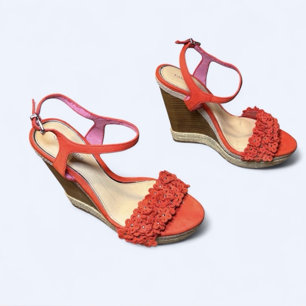 Red Floral Wedges Platform Heels 8.5 Gianni Bini Ankle Strap Suede Espadrilles