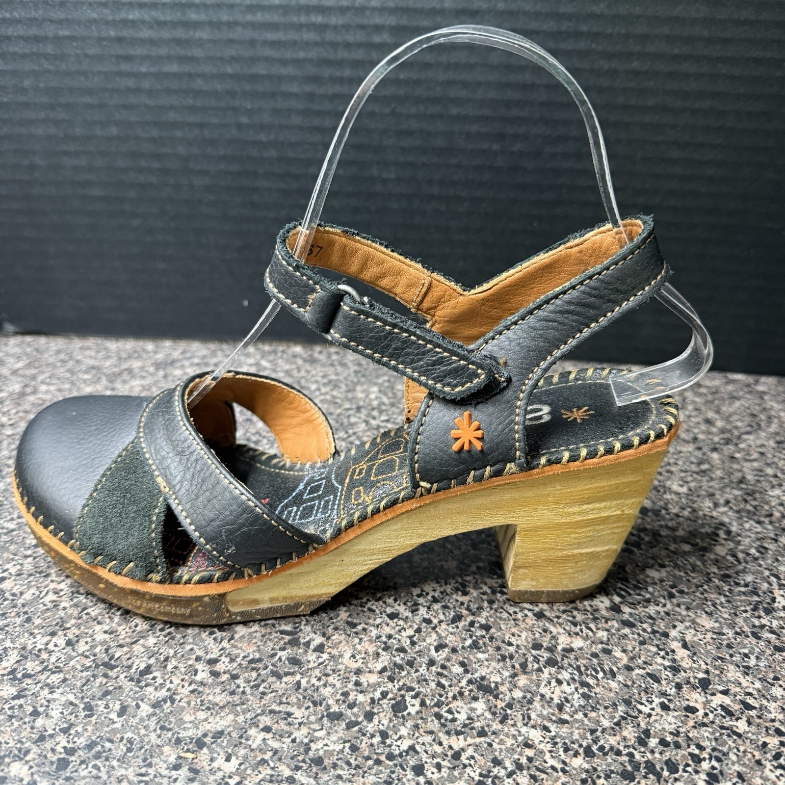 Art Women’s Leather Mary Jane Clog Heels Black EU 37 US 6.5 7 Wood Sole