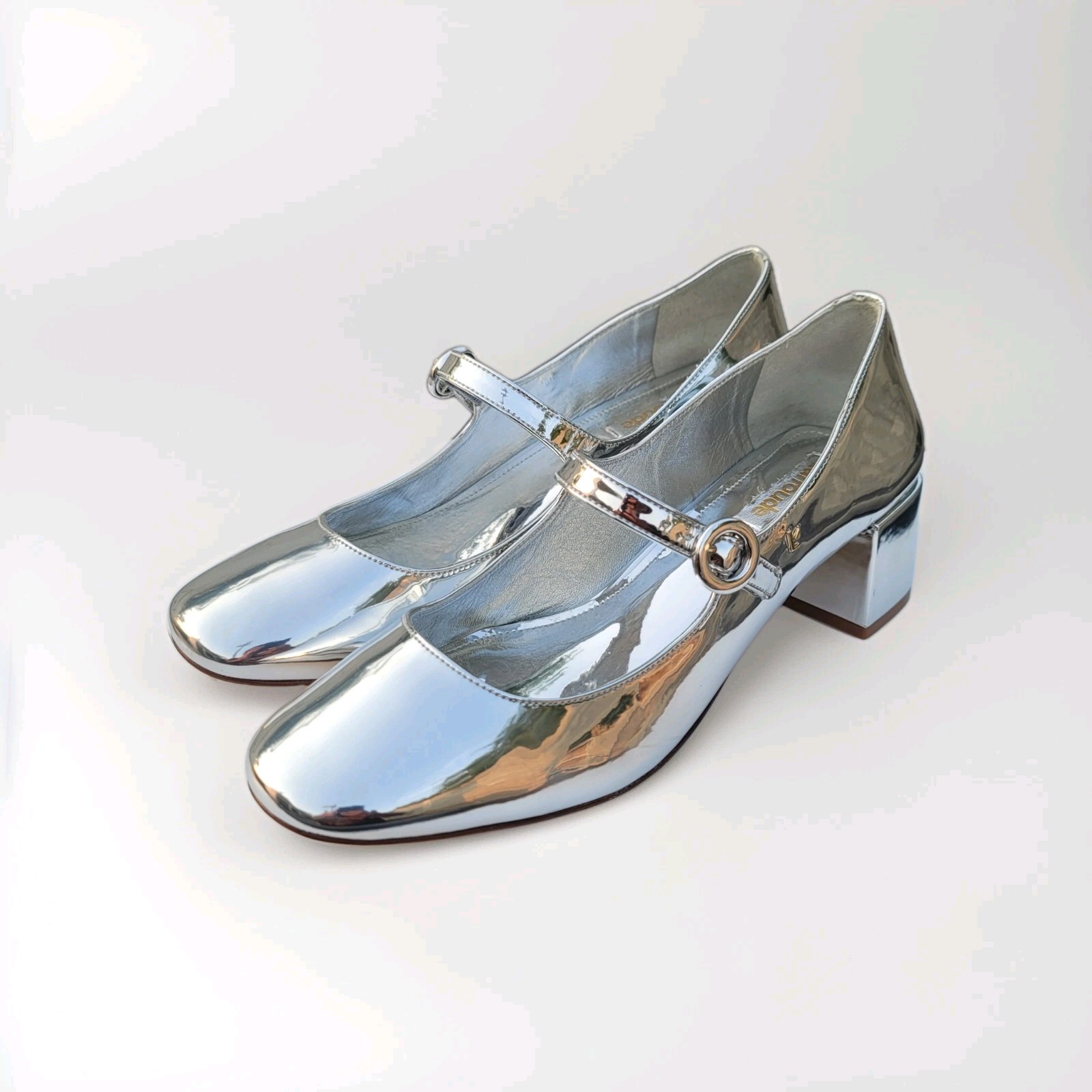 ​Larroude Blair Mary Jane Silver Specchio Leather Block Heel Pump Shoes Womens 9