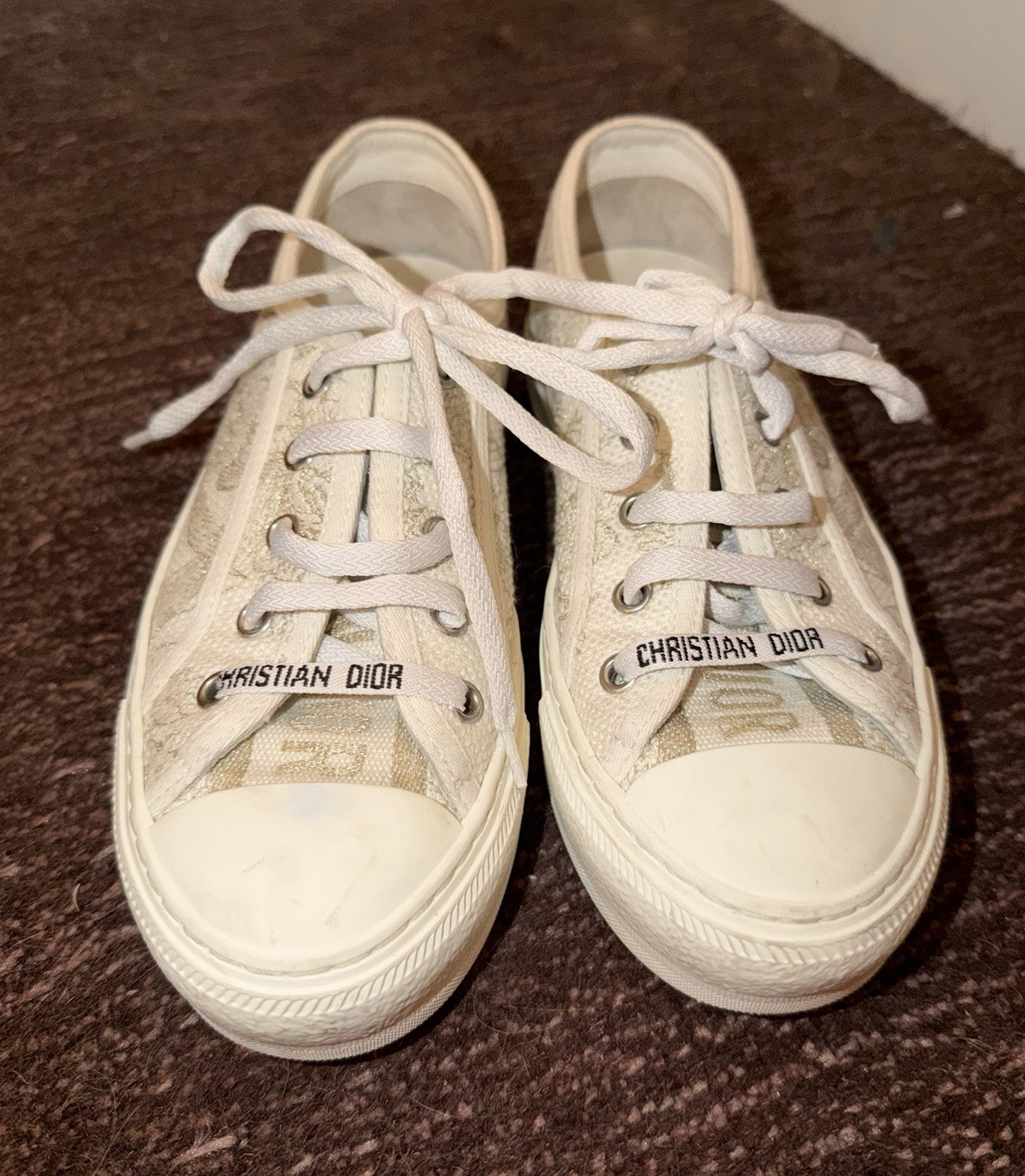 Christian Dior Women’s Low Top Lace-Up Canvas Logo Sneakers White Beige Gold