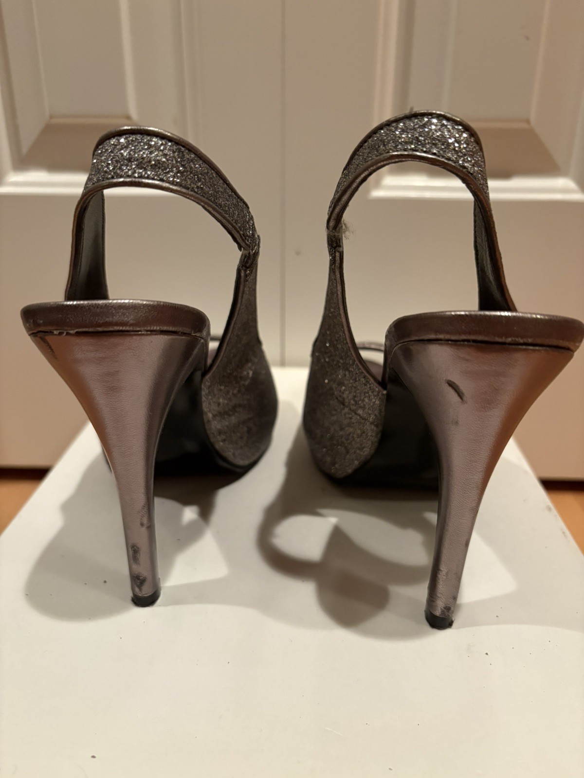 Lulu Townsend Dark Silver/Pewter Glitter Open Toe Slingback Heels Size 7.5 Shoes