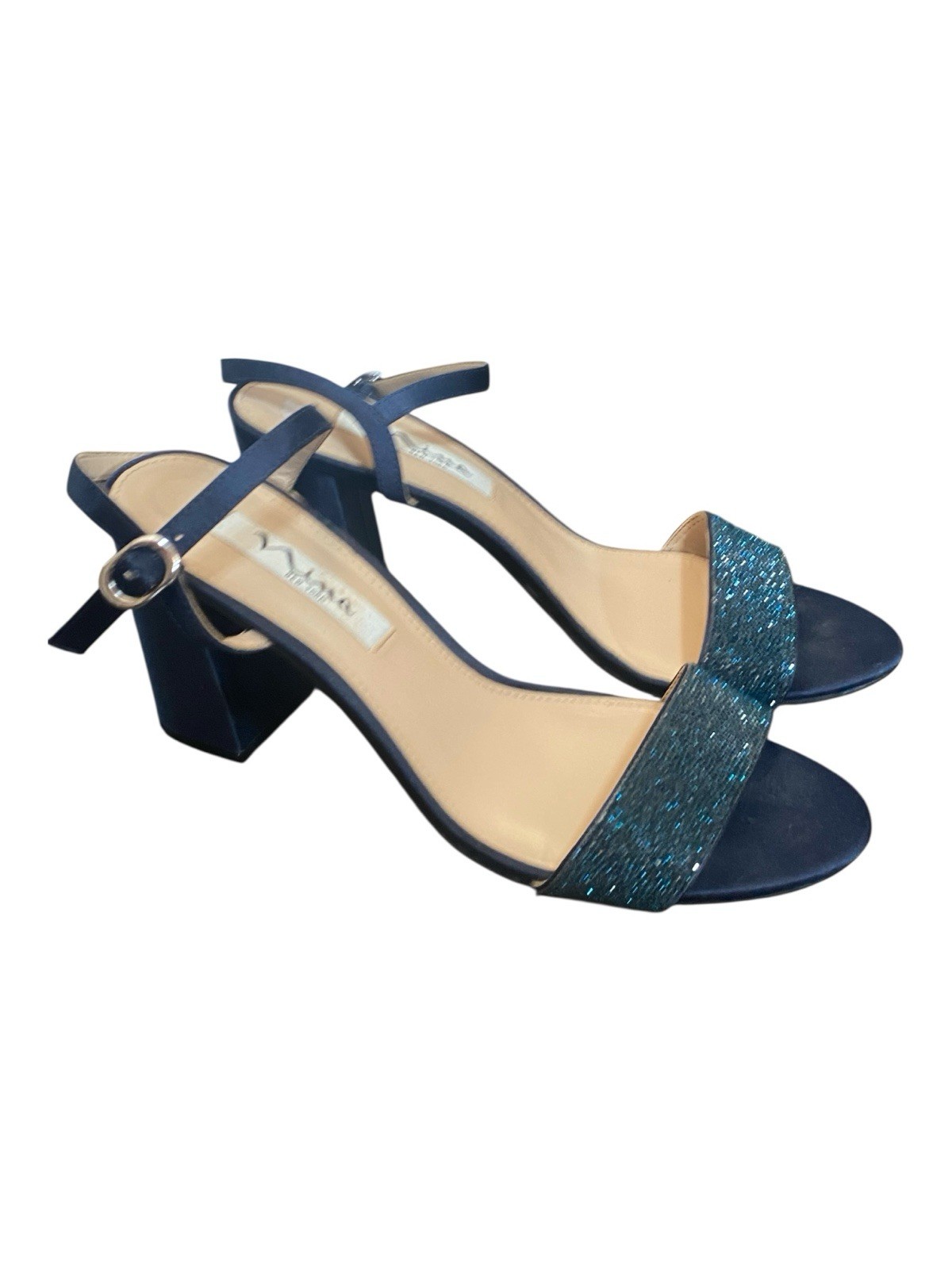 Nina Womens Blue Glitter Sparkle Evening Wear Heels Size 8.5 Open Toe Strappy