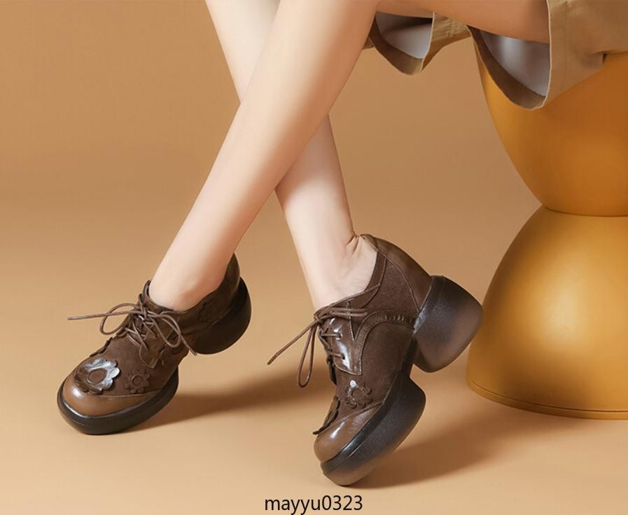 Womens Floral Lace Up Leather Mid Chunky Heel Round Toe Platform Casual Shoes