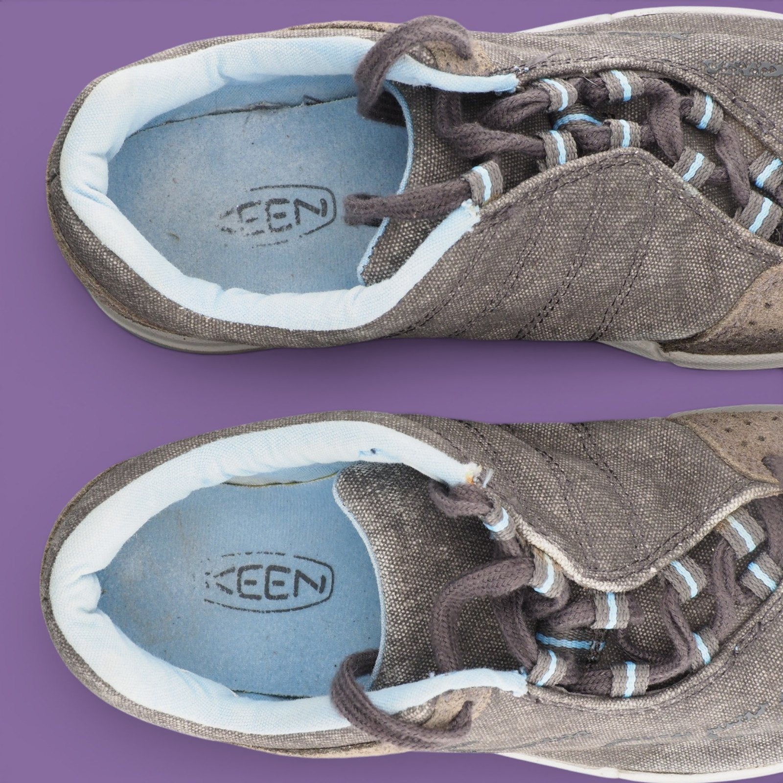 Keen Womens Gray Canvas Suede Low Top Lace Up Sneakers Light Blue Trim Size 7.5