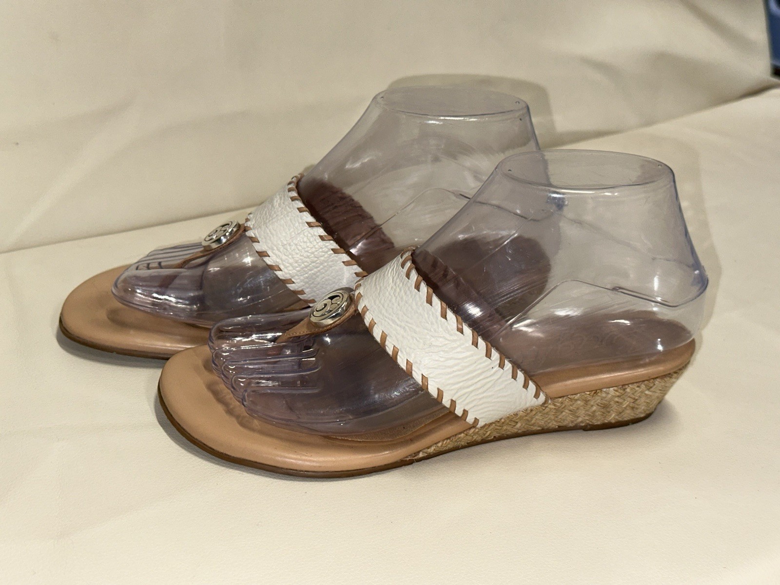 Brighton Lia Dem Wedge Sandals size 6.5 White Upper Leather Thong Tan Footbed