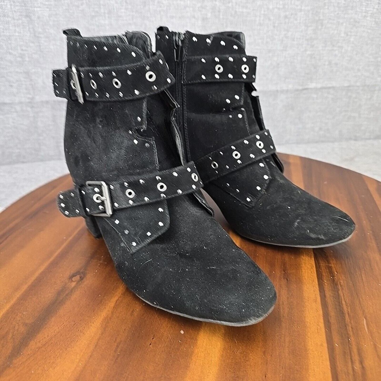 Myra Black Studded Buckle Ankle Boots Womens 10 Block Heel Grommet Booties Edgy
