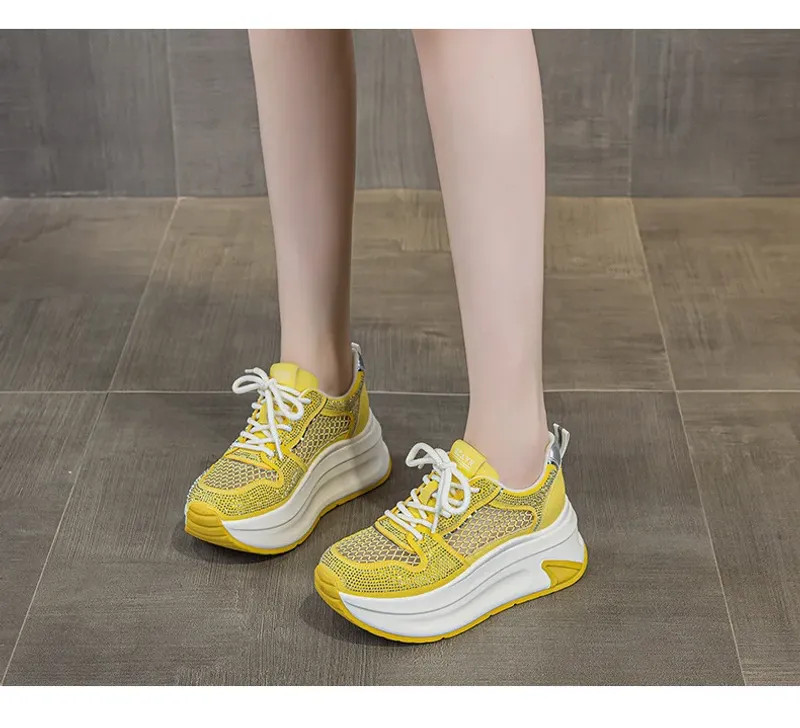7cm Air Mesh Microfiber Leather Chunky Sneaker Shoes Women Platform Wedge Comfy