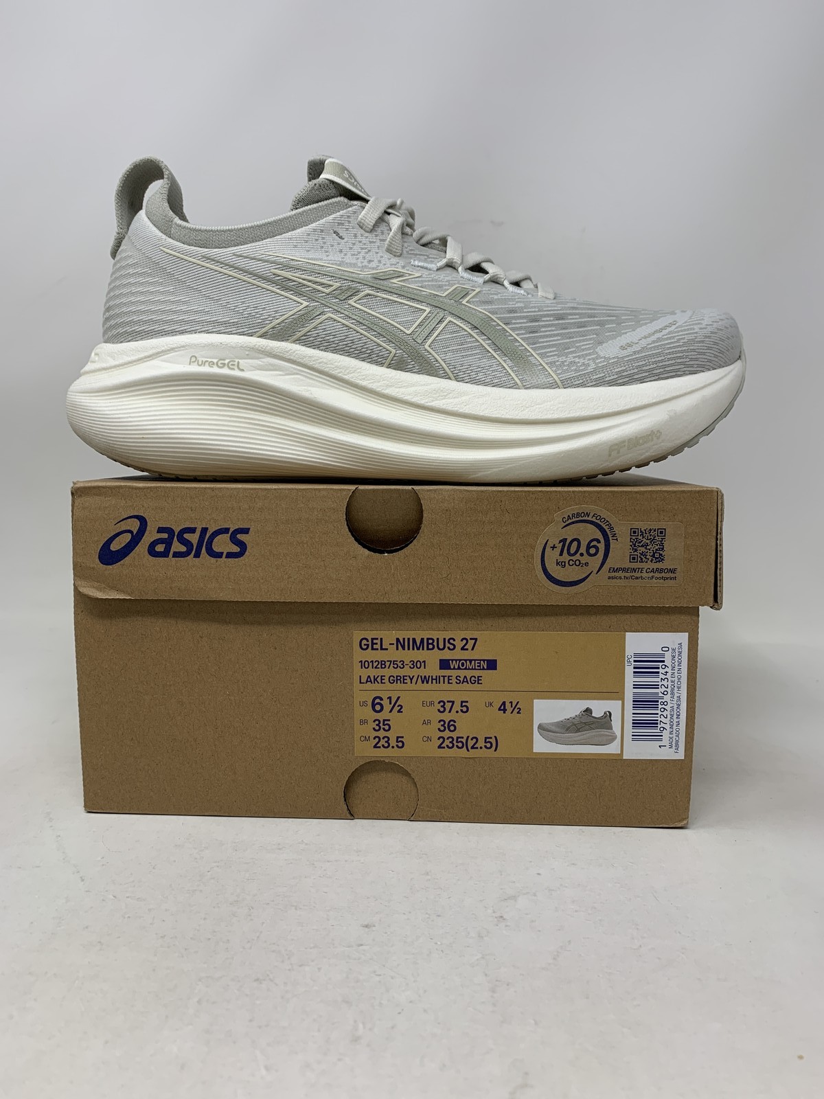 Women’s Asics Gel-Nimbus 27, Lake Grey/White Sage, 6.5 B Medium US