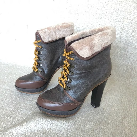 Madison Harding Brown Fur Ankle Boots Lace-Up Heels Size 6
