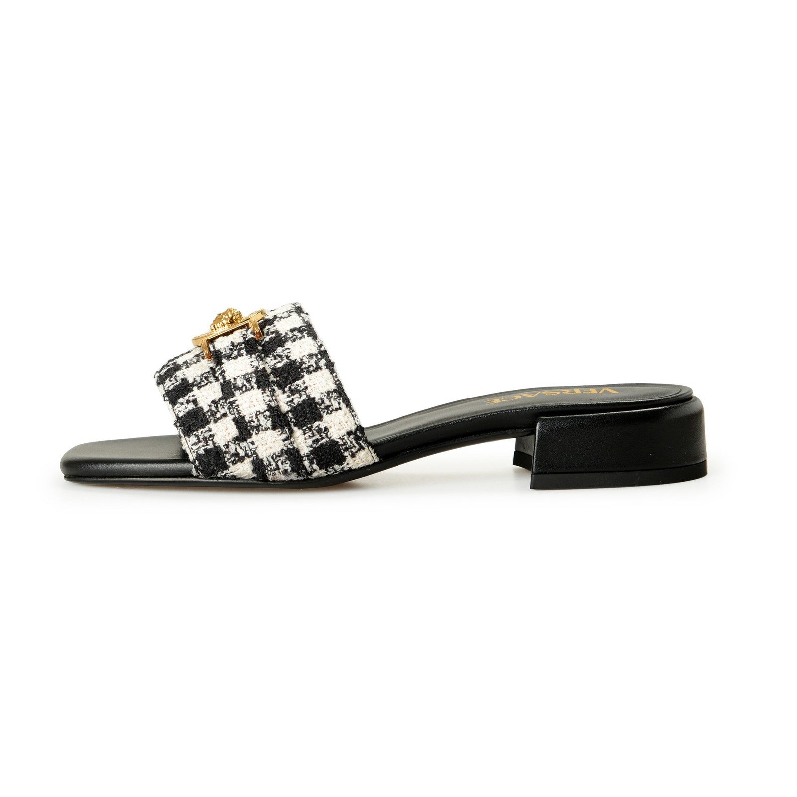 Versace Women’s Black & White Gold Medusa Plaid Sandals Mules Shoes US 6 IT 36