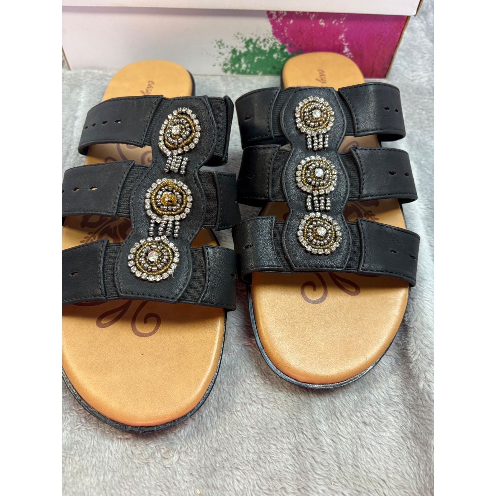 Easy Street Womens Black Beaded Rhinestone Slide Sandals Cushioned Sole 11 Wide