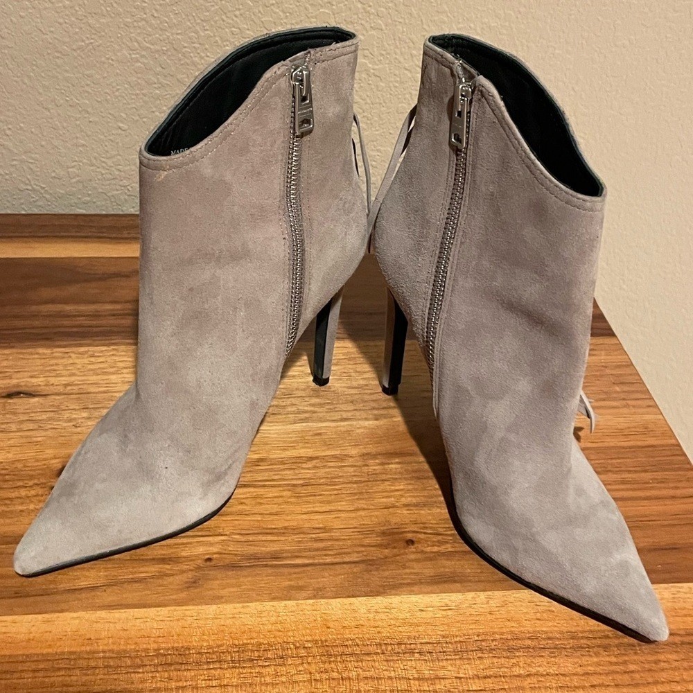 All Saints Gray Fall Fringe Suede Ankle Booties Sz 7