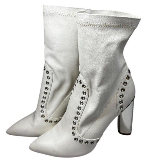 WILD DIVA Pointed Toe Studded Sock Boots Block 4″ Heel White Womens 8.5 Festival