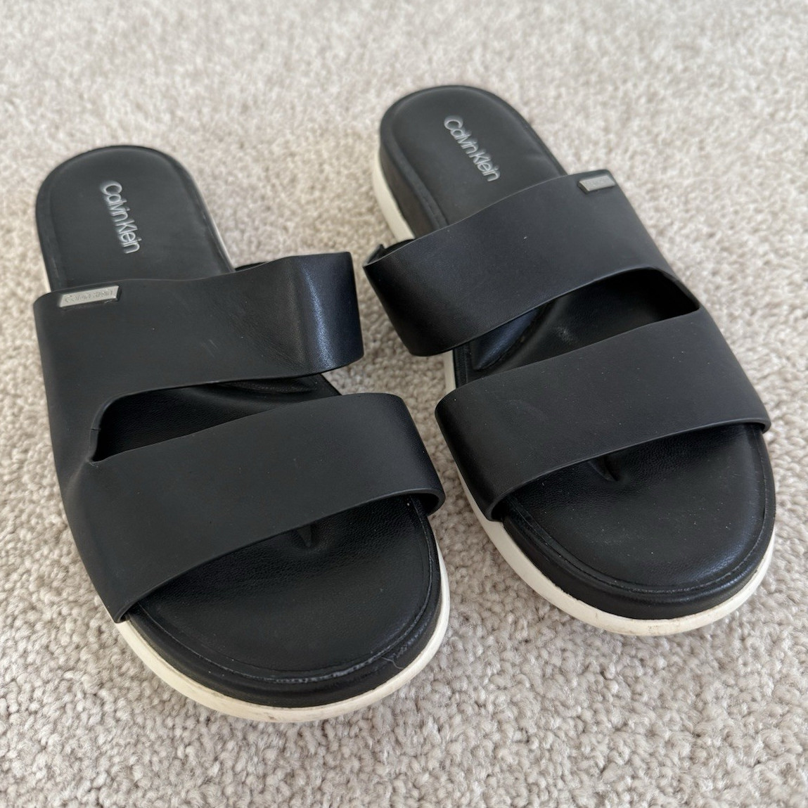 Calvin Klein Black Slide Sandals Leather Upper Logo Straps US 8 EU 38